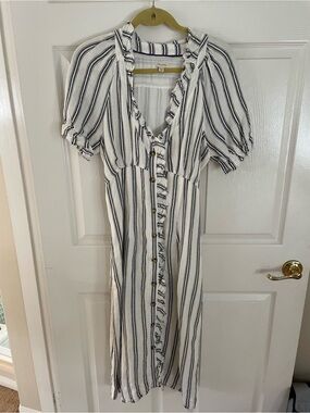 Anthropologie Pilcro White and Navy Vertical Stripe Ruffle Button Midi Dress